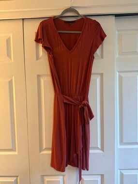 White House Black Market V-Neck Tie-Waist Midi Dress in Rust